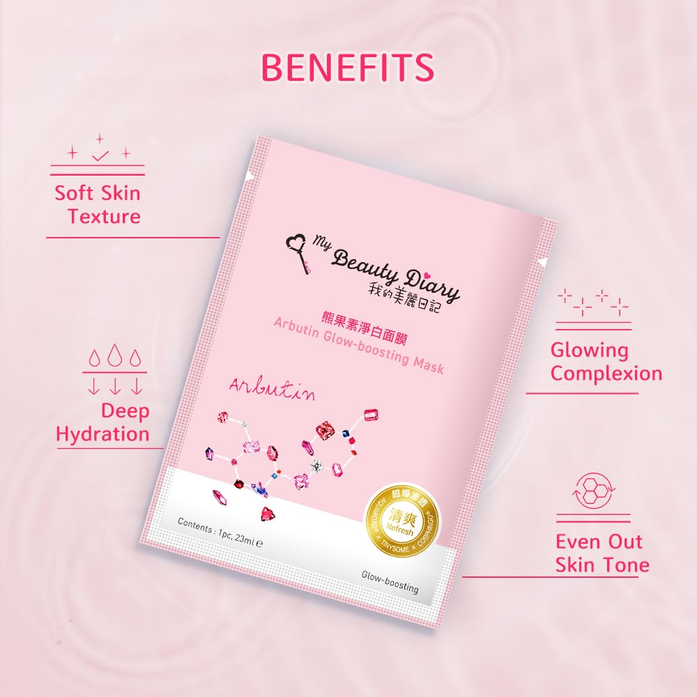 My Beauty Diary Arbutin Glow-boosting Mask, Firming and Smoothening Facial Mask, Restores Radiance, Self Care Face Sheet Mask for Dull Skin and All Skin Types (8 pcs)