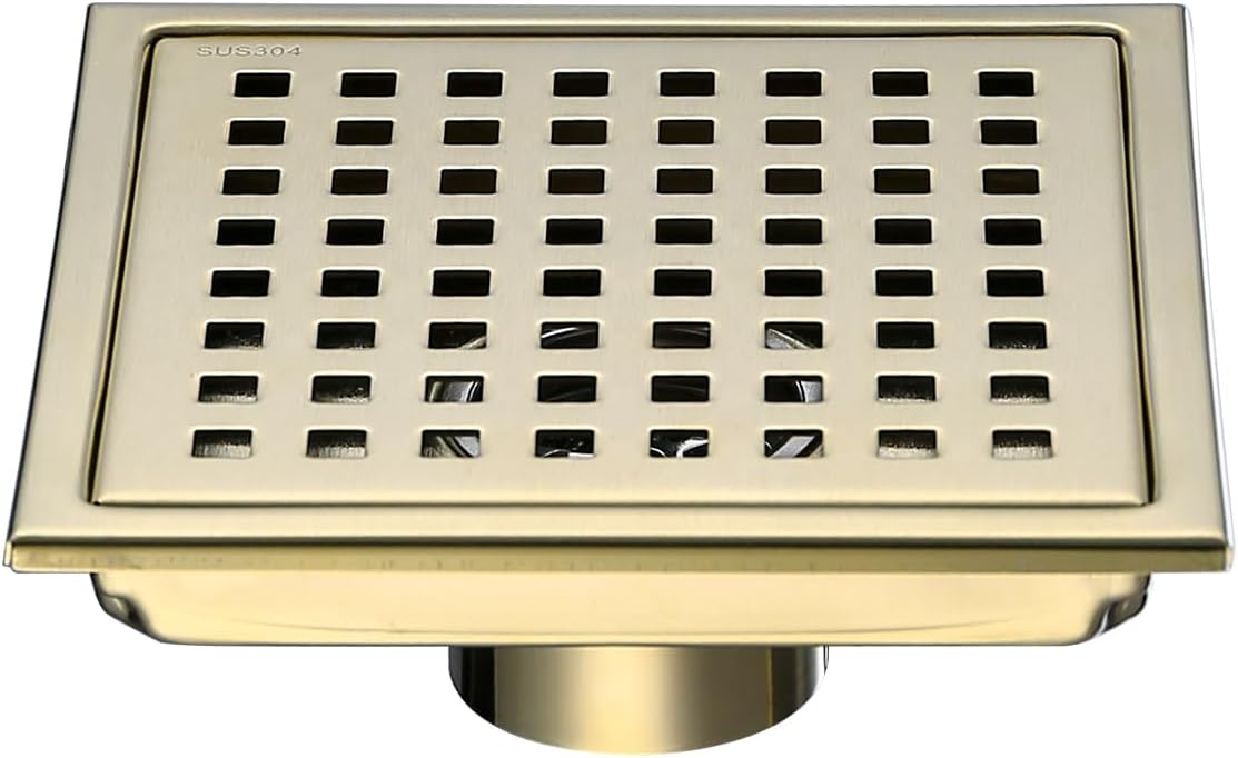 RANDOM Brushed Gold Shower Drain Square 6 Inch Shower Floor Drain with Grid Grate & Removable Hair Strainer 304 Stainless Steel Shower Drain Cover Bathroom Accessories.98738BG
