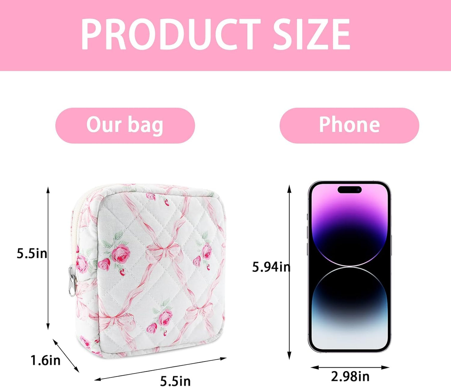 Small Quilted Cotton Makeup Bag for Purse Mini Cosmetic Period Bag for Women Cute Pink Flower Bow Makeup Sanitary Pouch Portable Travel Toiletry Bags with Zipper Slip in Pockets Birthday Gifts