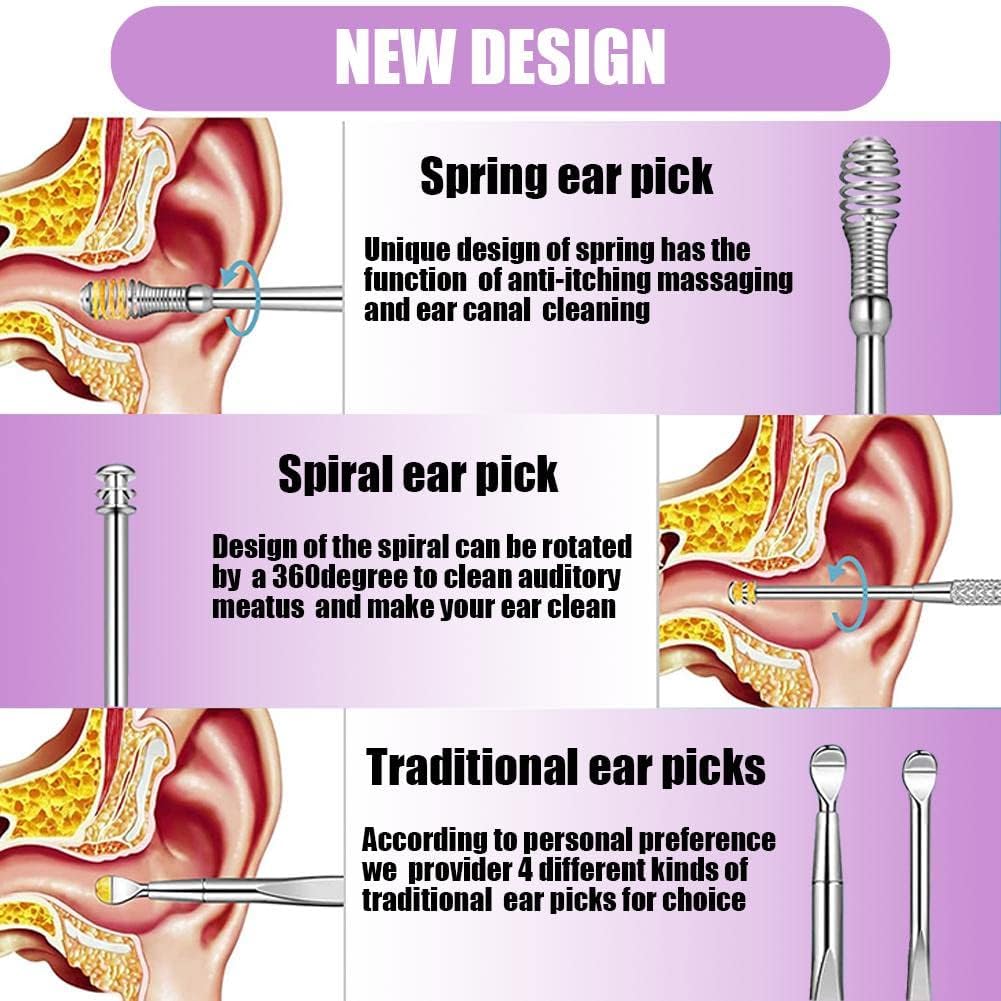 6 Pcs Ear Pick Ear wax Removal Kit Cleansing Tool Set Curette Cleaner 360° Spiral Design Canal Cleaner Stainless Steel,with a Storage Box Portable Kit for Home and Travel(Purple) 11.7*2.8*2cm