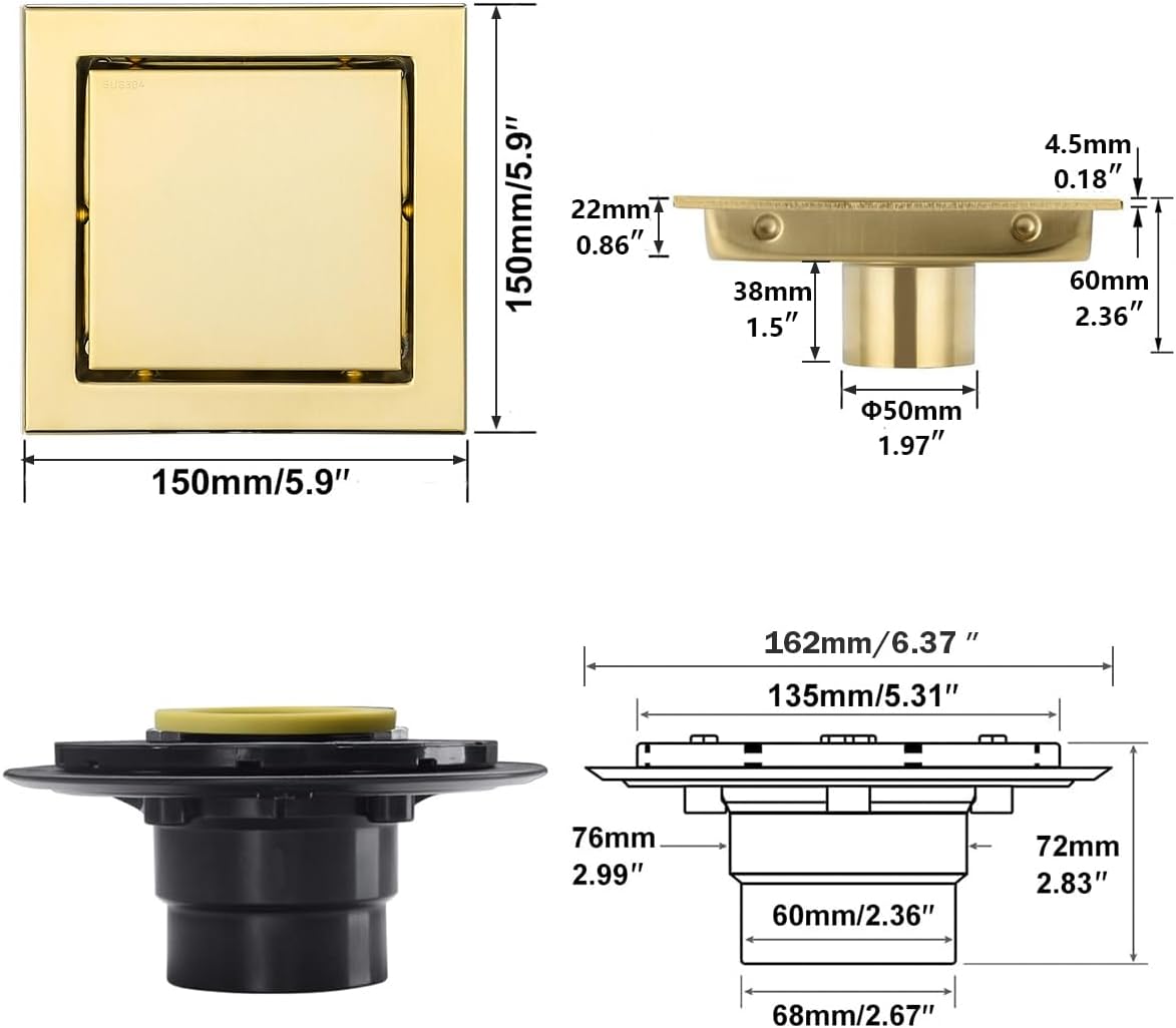 RANDOM Brushed Gold Shower Drain Square with Adjustable Base Flange,SUS304 Stainless Steel 6 inch Floor Drain Kit with Tile Insert Flat Shower Drain Cover & Threaded Adapter.98728BG-S