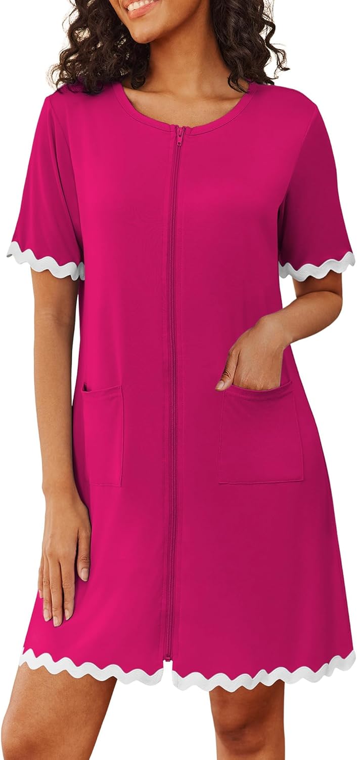 Ekouaer Women Zip Up Robe Lightweight Housecoats with Pockets Knee Length Short Bathrobes Soft Nightgown S-3XL
