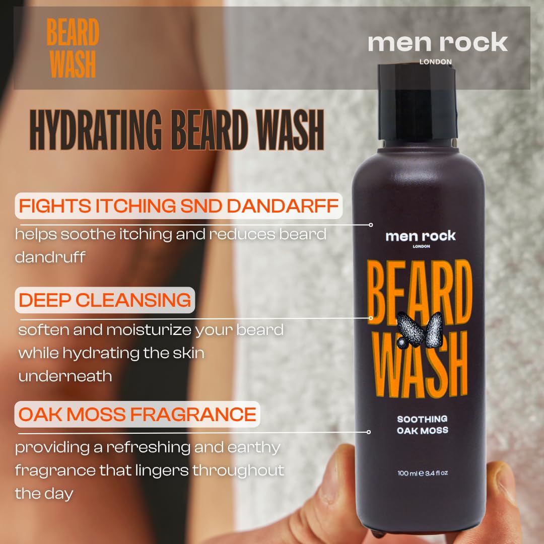 Men Rock Beardy Beloved Soothing Essential Beard Kit - Oak Moss - Beard Oil, Balm and Wash - Mens Face Care - Skincare Products for Men - 3 Pc