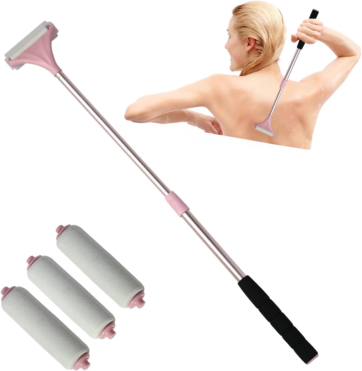 EASACE Lotion Applicator for Back,Portable 21inch Lotion Applicator with Long Handle,Extension Back Applicator Lotion with 3 Replacement Roller for Back self(Pink)