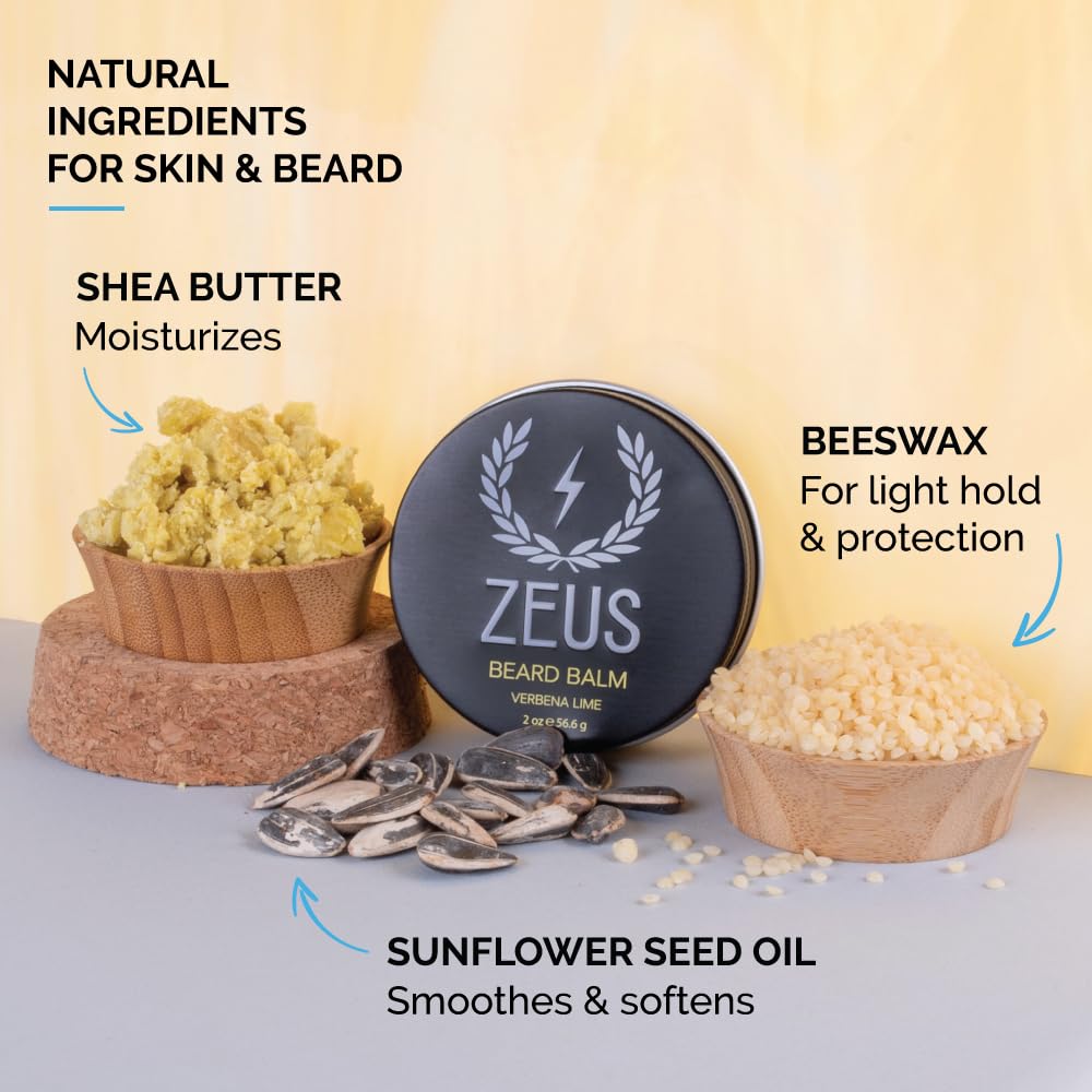 ZEUS Beard Balm Leave-In Conditioner, Beard Styling Grooming Balm with Natural Beeswax & Shea Butter (MADE IN USA) Verbena Lime