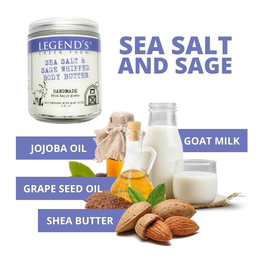 Legend's Creek Farm, Goat Milk Body Butter - Hydrating Natural Body Moisturizer with Organic Shea Butter & Grape Seed Oil - 8 Oz Purifying & Toning Whipped Body Butter (Sea Salt & Sage)