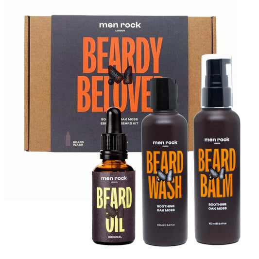 Men Rock Beardy Beloved Soothing Essential Beard Kit - Oak Moss - Beard Oil, Balm and Wash - Mens Face Care - Skincare Products for Men - 3 Pc