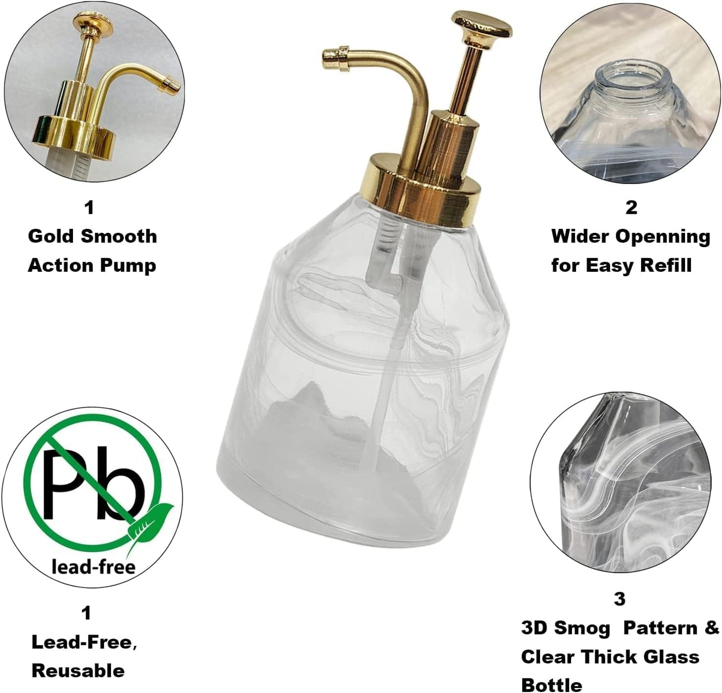 Glass Soap Dispenser for Kitchen and Bathroom Counter, 375ml/12.7 Oz Unique 3D White Smog Thick Glass Hand Soap Bottle with Smooth Action Rust-Free ABS Pump, Kitchen Dish Soap Dispenser (White)