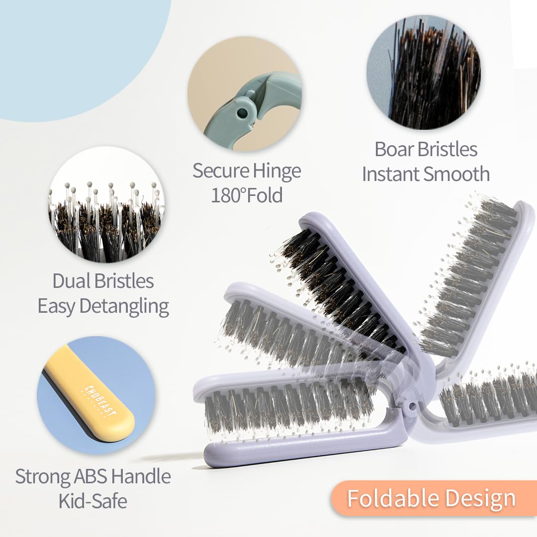 Uffy MiniPop Travel Hair Brush – Mini Folding Boar Bristles for Women, Men & Kids | Kid-Friendly Compact Comb for Wet & Dry Hair, Curly or Straight | Pocket-Size Detangler - Pistachio on Lavender