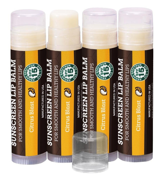 Earth's Daughter SPF Lip Balm 4-Pack Citrus Flavor - Lip Sunscreen, SPF 15, Organic Ingredients, Beeswax, Coconut Oil, Vitamin E - Hypoallergenic, Paraben Free, Gluten Free