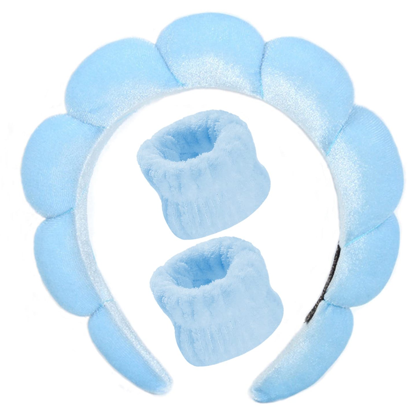 Luckybear Spa Headband for Washing Face, Velvet Makeup Headband with Face Wash Wristbands - Blue