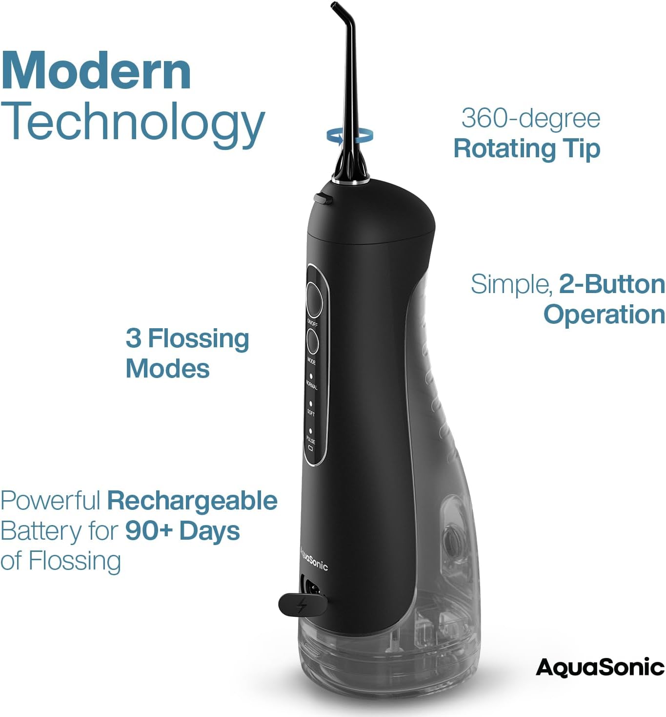 AquaSonic Aqua Flosser PRO - Rechargeable Cordless Water Flosser for Teeth, Gums & Tongue - Modern Design, 300ml Large Tank, 6 Jet Tips with Deluxe Tongue Nozzle, 3 Modes, Waterproof Black