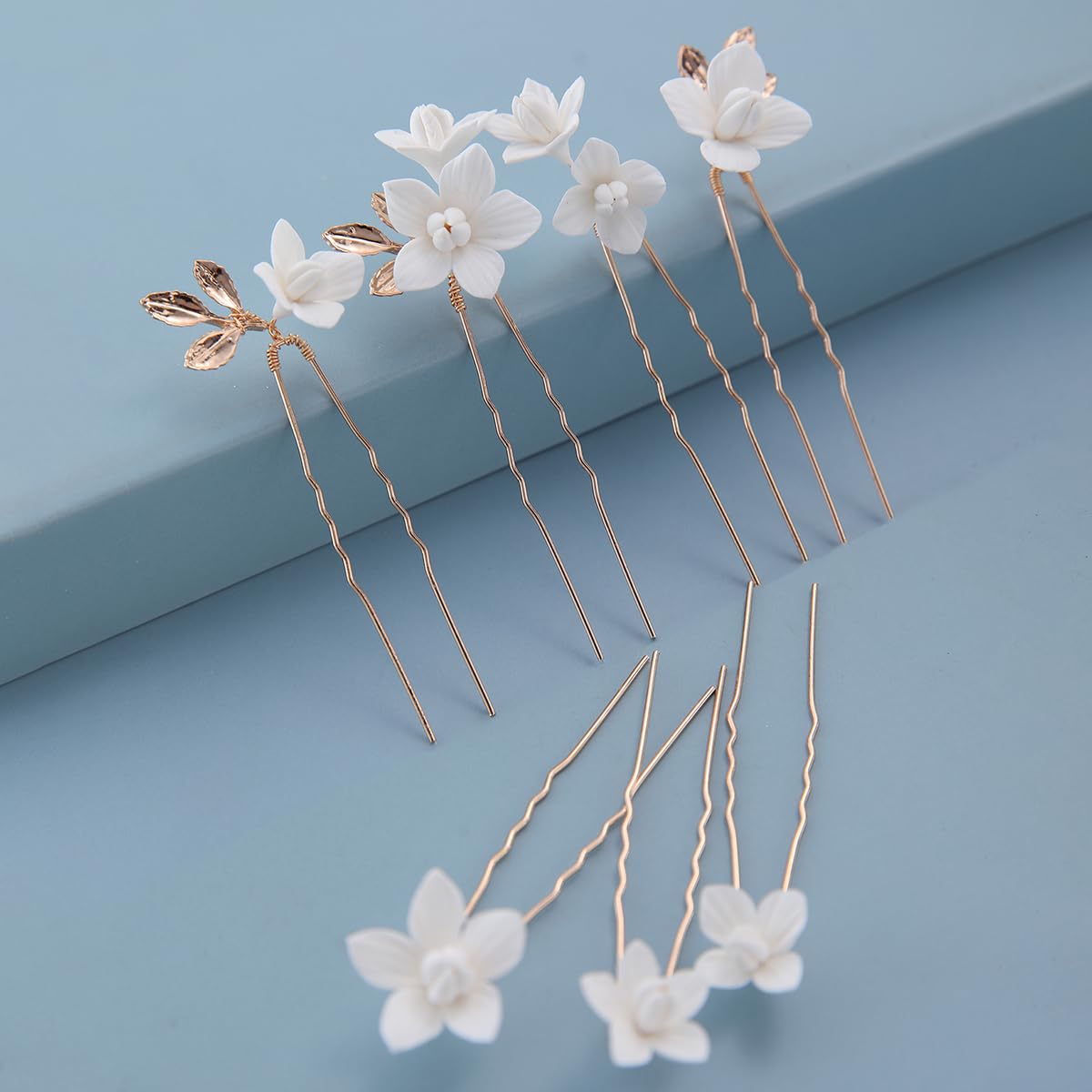 Handmade Bridal Wedding Hair Pins 7 Pcs Polymer Clay White Flower Hair Clips Gold Wedding Hair Accessories for Women Bride Bridesmaid