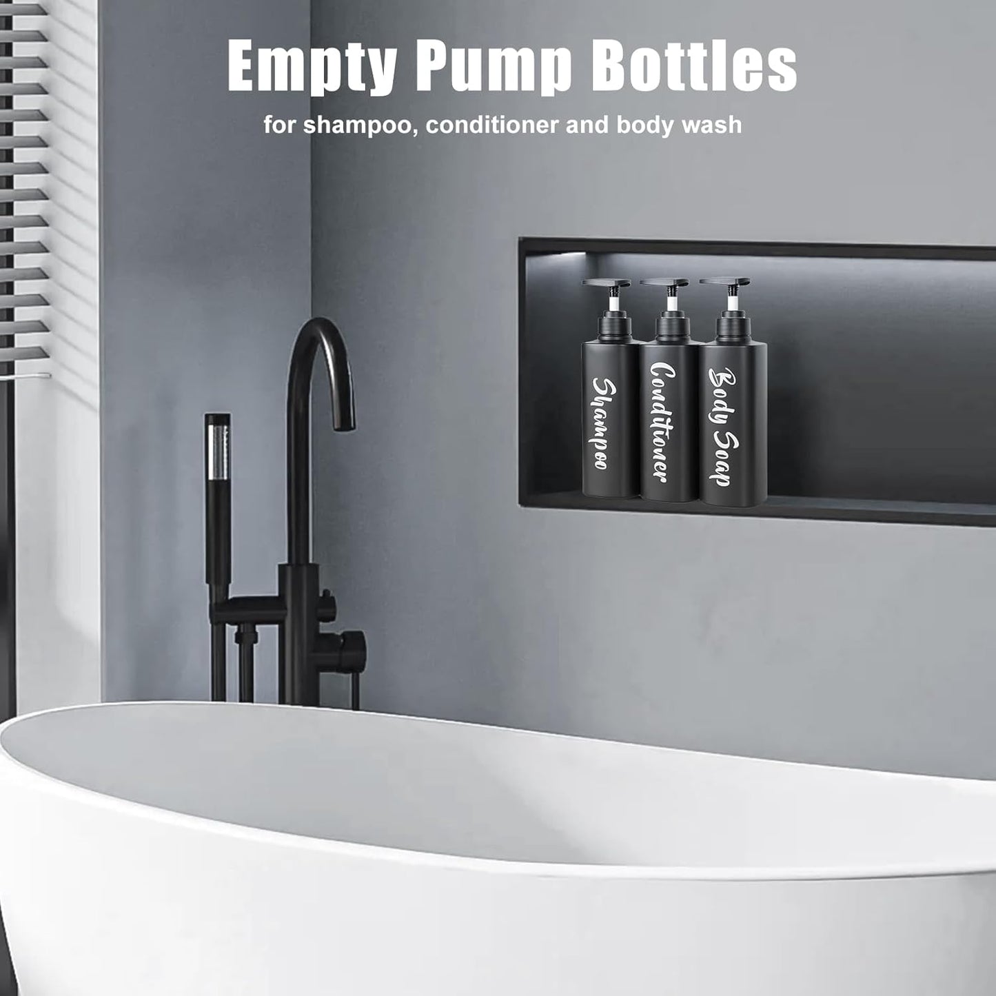 16.9oz Bathroom Soap Dispenser Set, Refillable Shampoo and Conditioner Bottles, Empty Bottles with Pump for Shampoo, Conditioner, or Body Wash, Matte Black Shower Dispensers, Set of 3