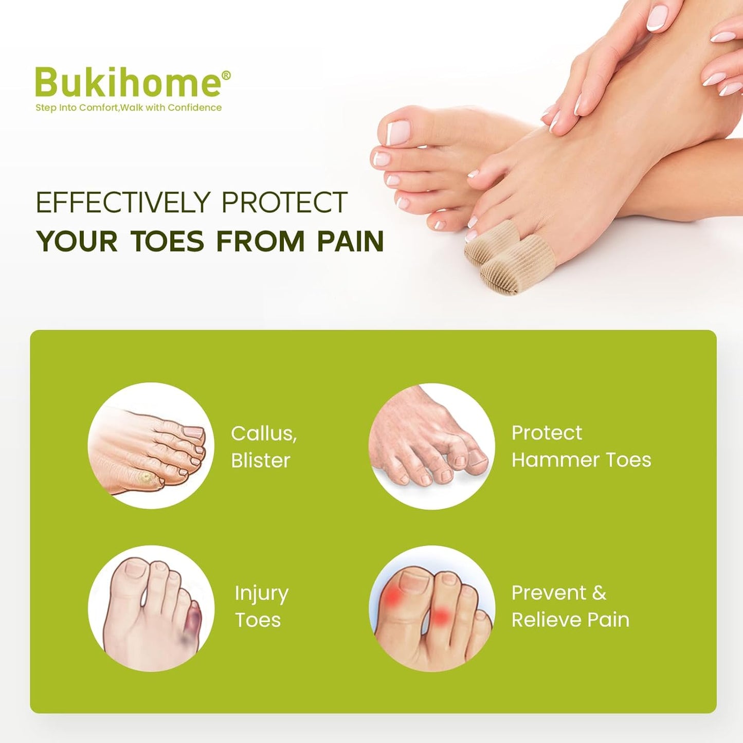 Bukihome 8 PCS Toe Protectors, Silicone Toe Caps Closed Toe Surface Fabric Sleeve Protectors, Prevent Pain Relief for Corns, Blisters and Ingrown Toenails (2PCS Large Size+ 6PCS Medium Size)[Upgrade]