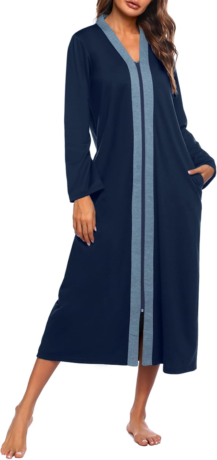 Ekouaer Women Zipper Robe Long Sleeve Loungewear Lightweight Housecoat Full Length Nightgown with Pockets