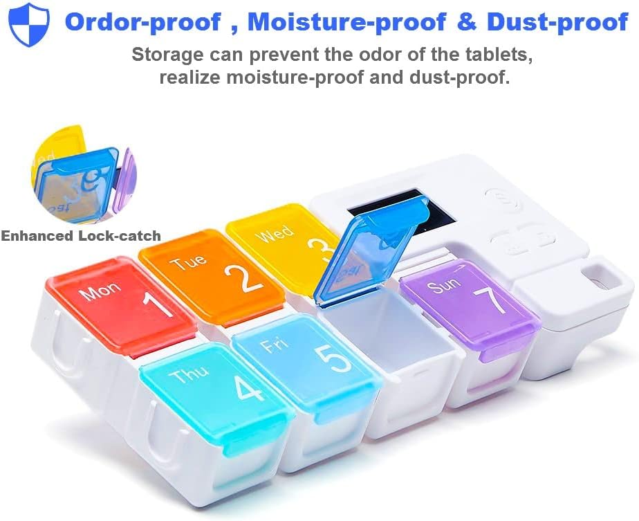 7 Day Medicine Pill Organizer, 4 Reminder Alarms, Loud Sound, 7 Large Compartments, Large Screen, Moisture-Proof, Dust-Proof, Travel Weekly/Daily Pill Box/Organizer/Case/Container/Dispenser, TBSoon