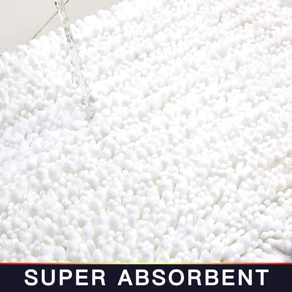 Walensee Bathroom Rug 2 Pieces Set Non Slip Bath Mat (17x24 Plus 20x32 Inch White) Water Absorbent Super Soft Shaggy Chenille Machine Washable Dry Extra Thick Perfect Carpet for Shower Floor