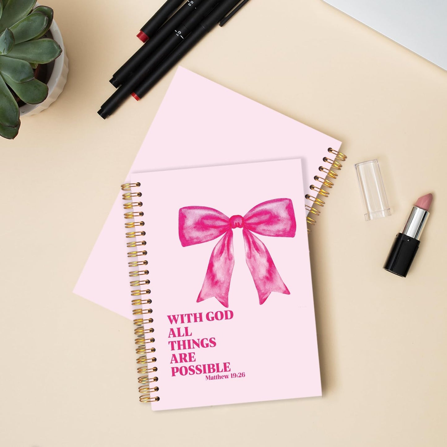 FDHSPAAM Coquette Pink Bow Christian Spiral Journal Notebook 5.5x8.3in, with God All Things Are Possible Inspirational Prayer Journal for Woman, Inspirational Bible Notebooks for Note Taking