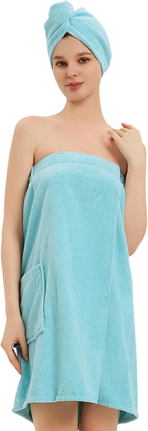 Womens Bath Body Wrap & Hair Towel Shower Spa Wrap Robe Adjustable Closure Bathrobe