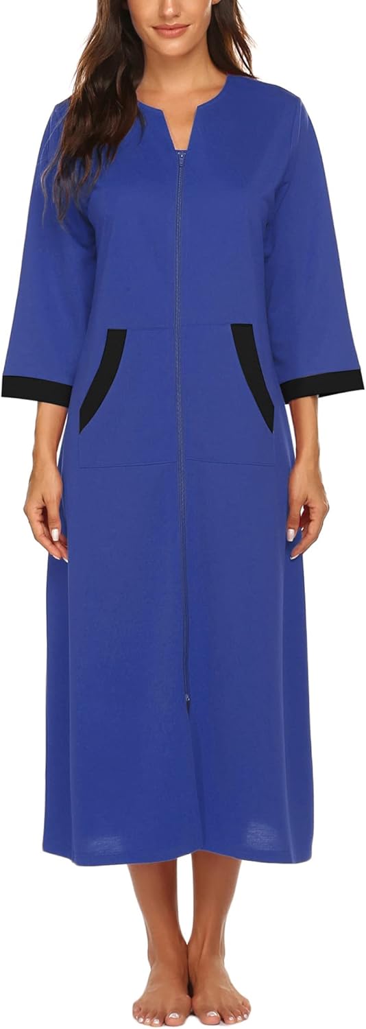 Ekouaer Women Zipper Robe 3/4 Sleeves Loungewear Dress Full Length Sleepwear Pockets Housecoat Nightgown Long Bathrobe