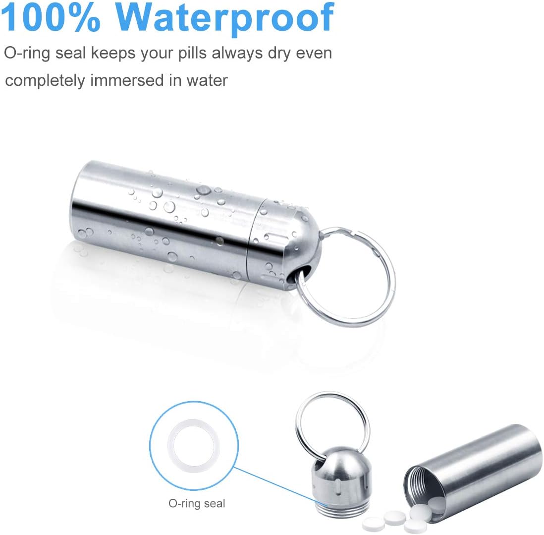 SHD Pill Box Keychain Waterproof Single Chamber Stainless Steel Pill Organizer for Outdoor Travel Camping