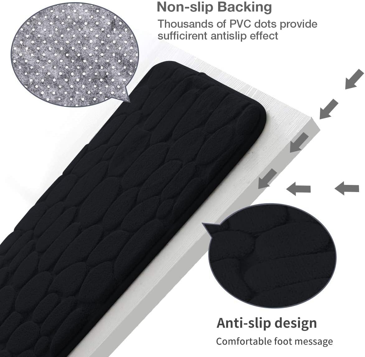 YIHOUSE Memory Foam Runner Rug, Cobblestone Bathroom Runner Rugs Super Water Absorbent Bath Mats for Bathroom Machine Washable Bath Rugs Runner for Hallway Bedroom Laundry Room(20 x 47,Black)