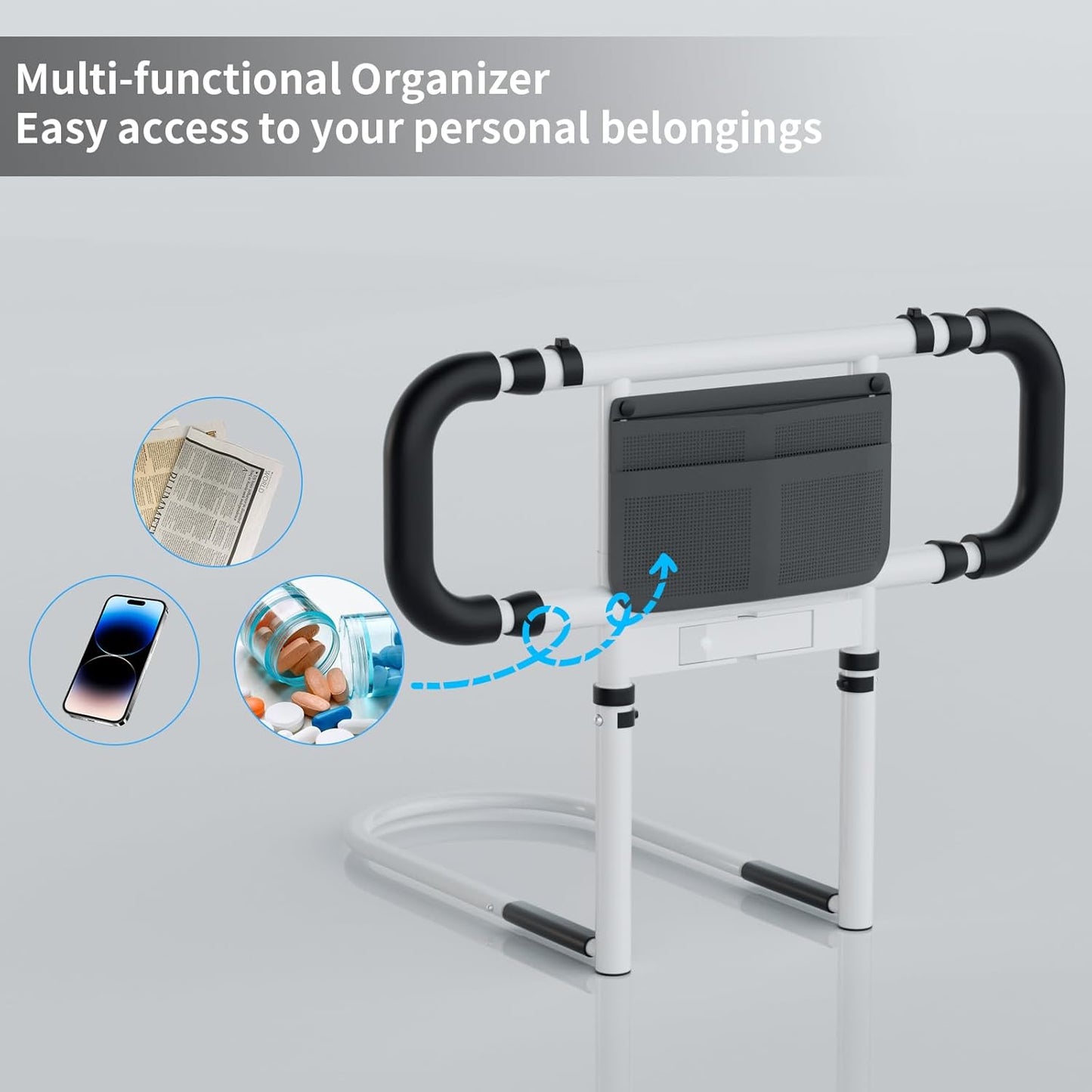 Bed Rails for Elderly Adults Safety: Elderly Assistance Products with Adjustable Double Grips, Storage Pocket, Motion Sensor Light, Items for Elderly Bed Rail, Can Withstand 300lb(White)