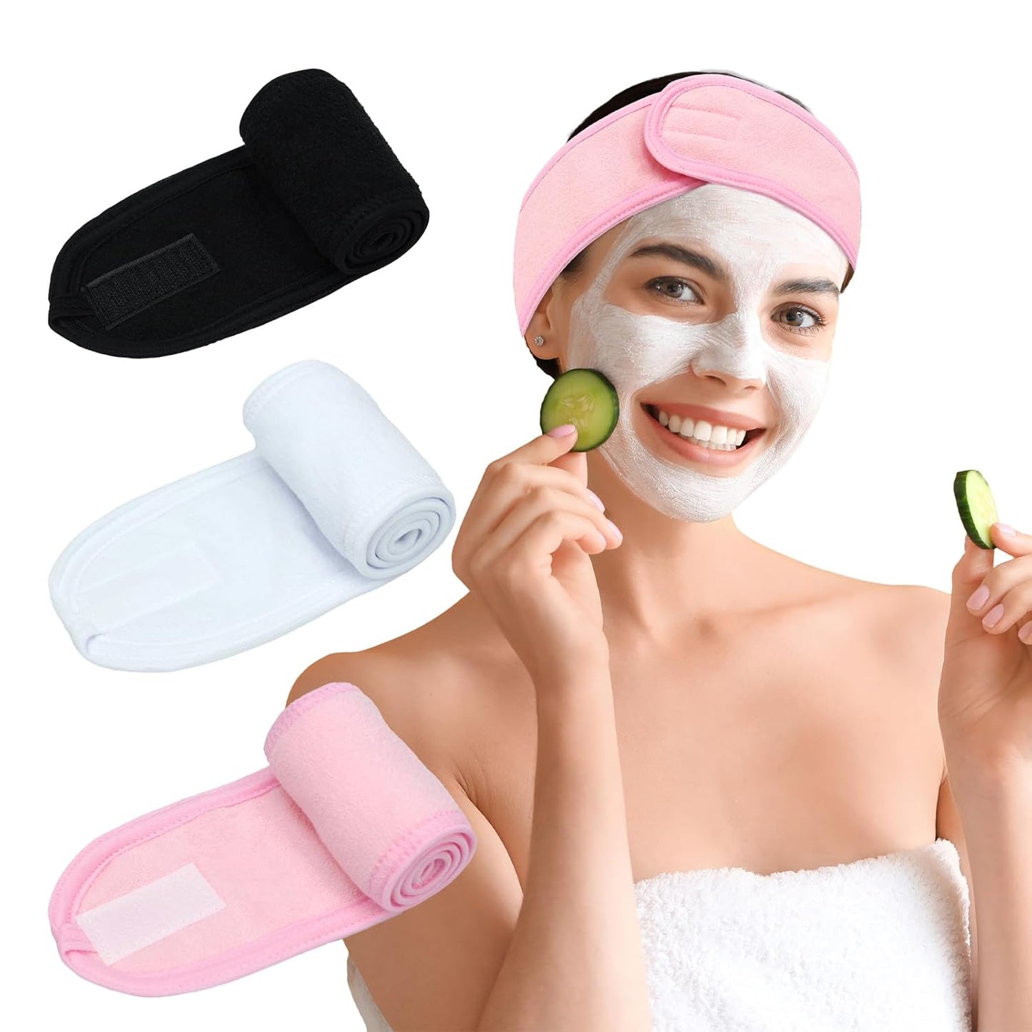 3 Pack Facial Spa Headband for Women - Adjustable, Non-Slip Terry Cloth Headband for Washing Face, Makeup, and Shower - Soft and Stretchable Hair Wrap