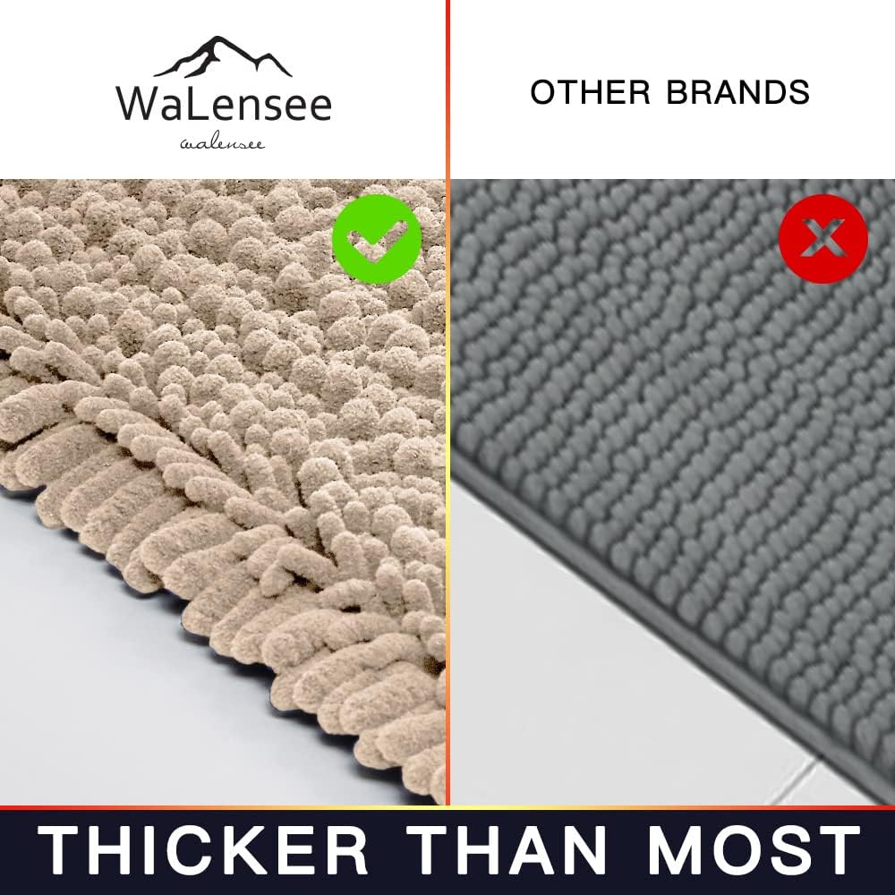 Walensee Bathroom Rug 2 Pieces Set Non Slip Bath Mat (20"x32" Plus 20"x32" Beige) Water Absorbent Super Soft Shaggy Chenille Machine Washable Dry Extra Thick Perfect Carpet for Shower Floor