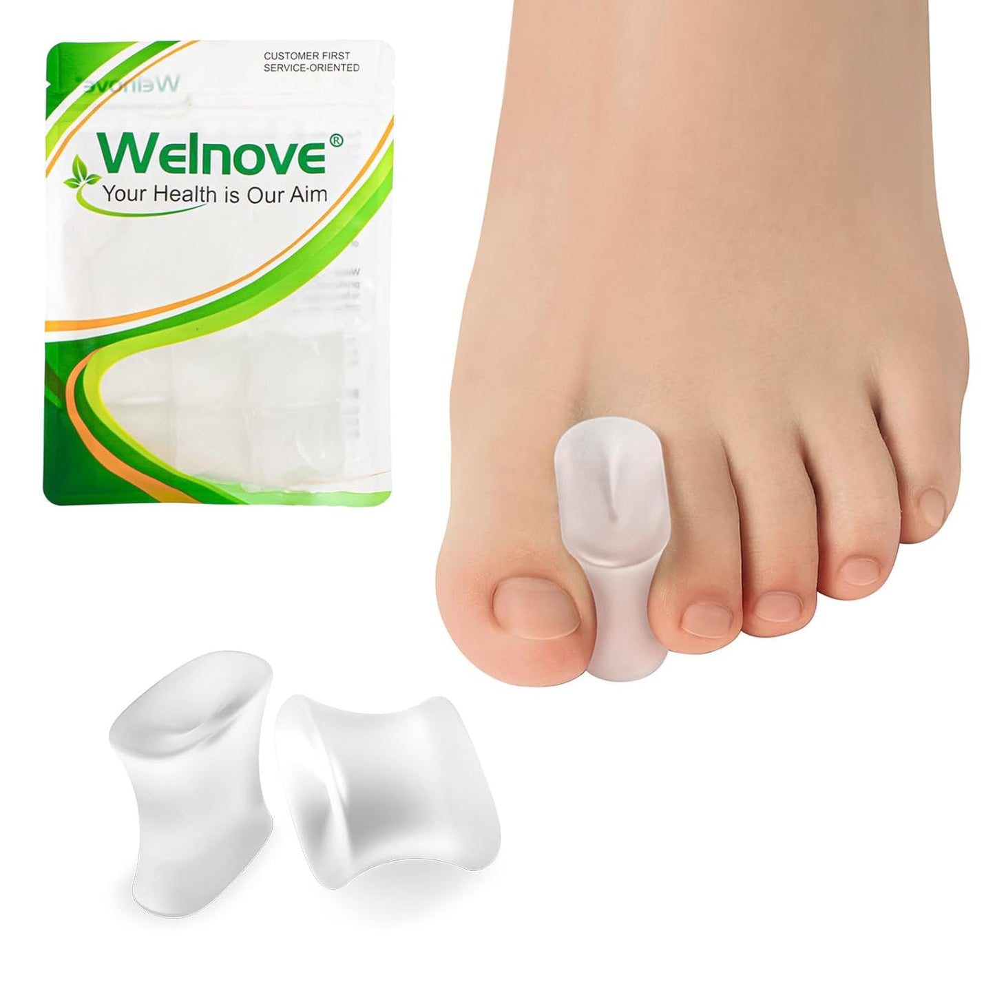 Welnove Upgraded Gel Toe Separators – 8-Pack Aloe Vera Extract Infused Silicone Toe Spacers for Straightening Overlapping Toes, Calluses – Bunion Corrector for Men and Women (Large, Clear)