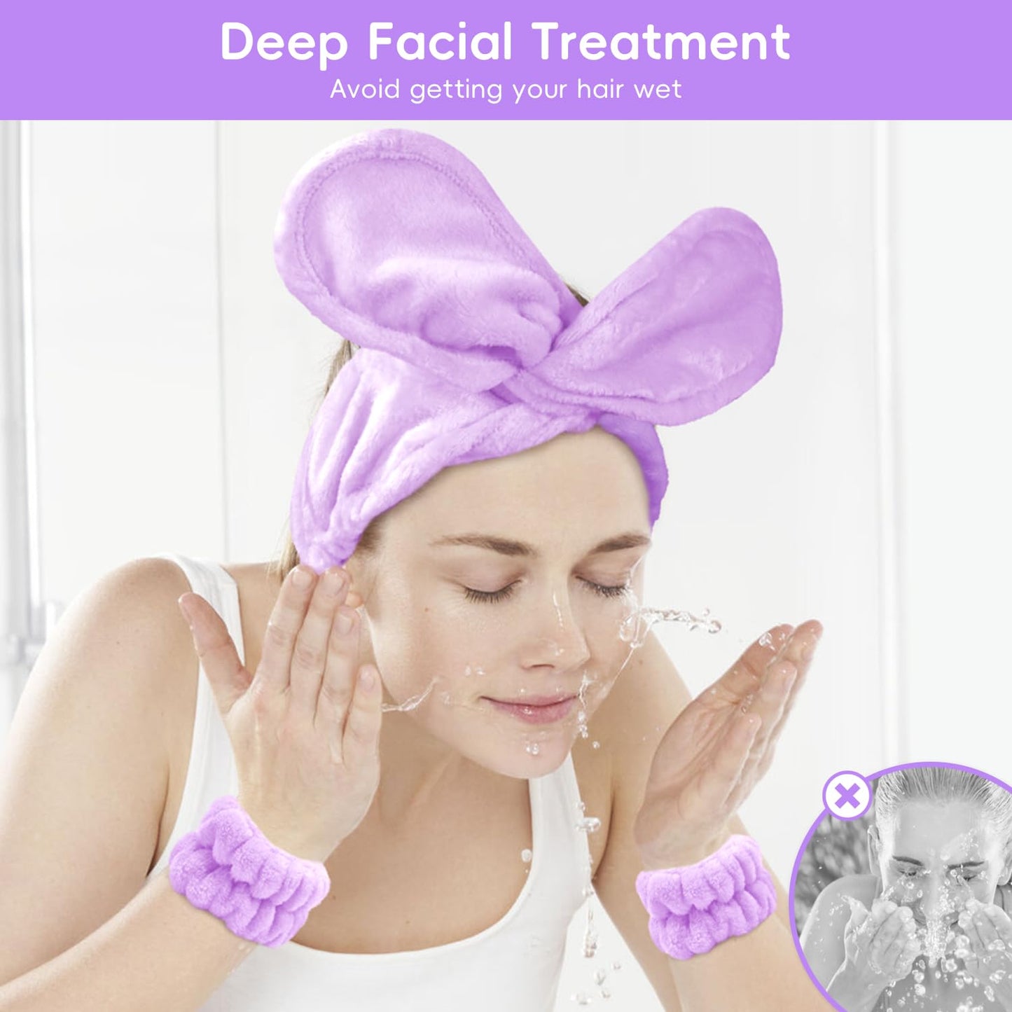 Face Wash Headband and Wristband Set Fashion Spa Headband, Coral Velvet Face Wash Set for Women, Adjustable Makeup Headbands Hair Band for Washing Face, Facial Skincare (Purple)