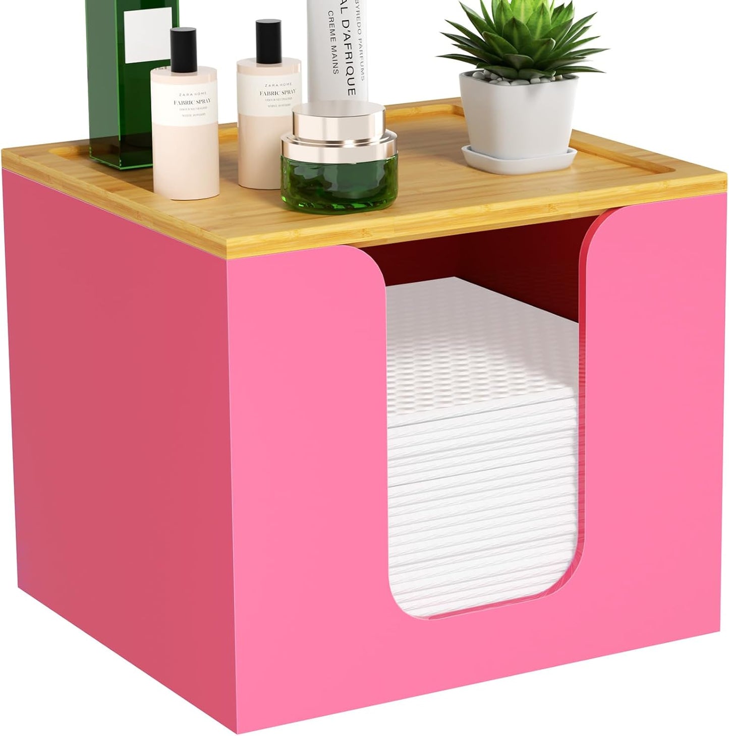 VITVITI Disposable Face Towel Holder Box, Acrylic Facial Towel Container for XL Clean Skin Club, Large Disposable Face Towels Storage with Bamboo Lid, for Bathroom, Vanity Makeup, Pink