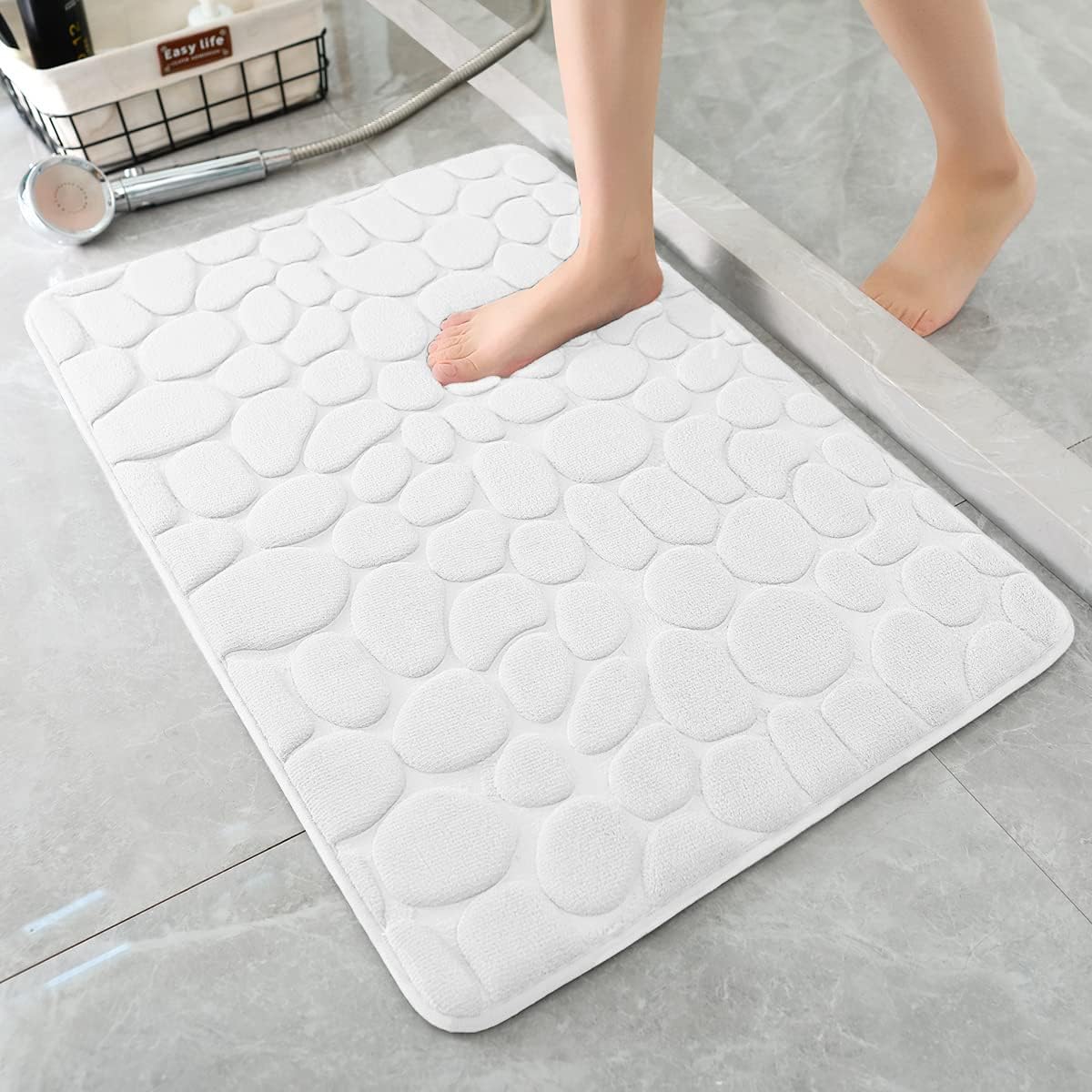 YIHOUSE Memory Foam Bath Mat Cobblestone Bathroom Rugs Super Water Absorbent Bath Mats for Bathroom Machine Washable Bath Rugs(24 x 36,White)