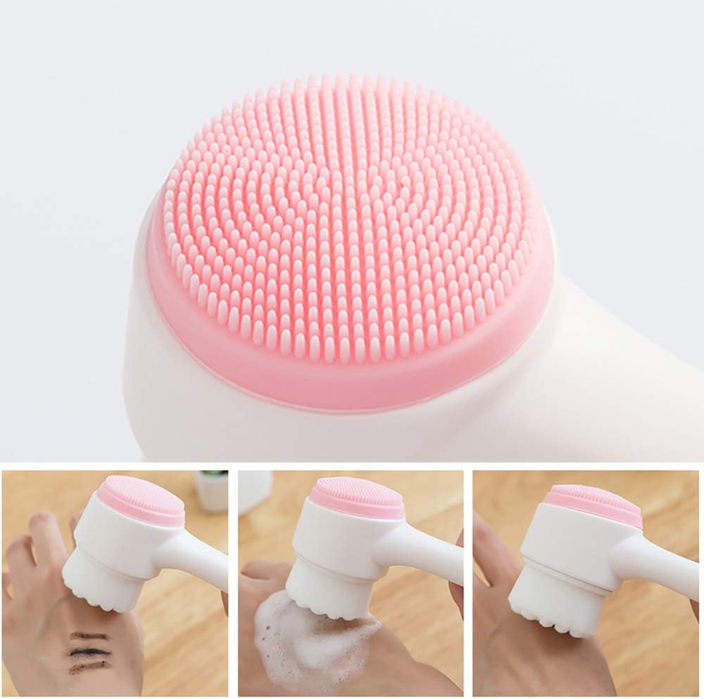 3D Stand Vertical Silicone Facial Wash Brush, Double Sides Face Brush, 2 in 1 Facial Cleansing Brush Manual Dual-action Face Brush for Acne, Clogged Enlarged Pores Sensitive Delicate, Dry Skins (Pink)