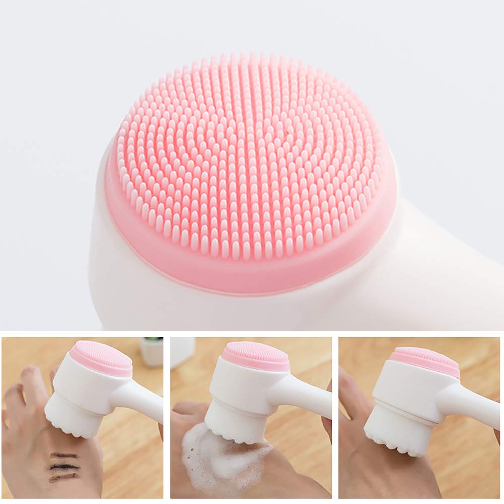 Double Sides Face Brushs, 3D Stand Vertical Silicone Facial Wash Brush, 2 in 1 Facial Cleansing Brush Manual Dual-Action Face Brush for Sensitive, Delicate, Dry Skins (2Pack/Pink)