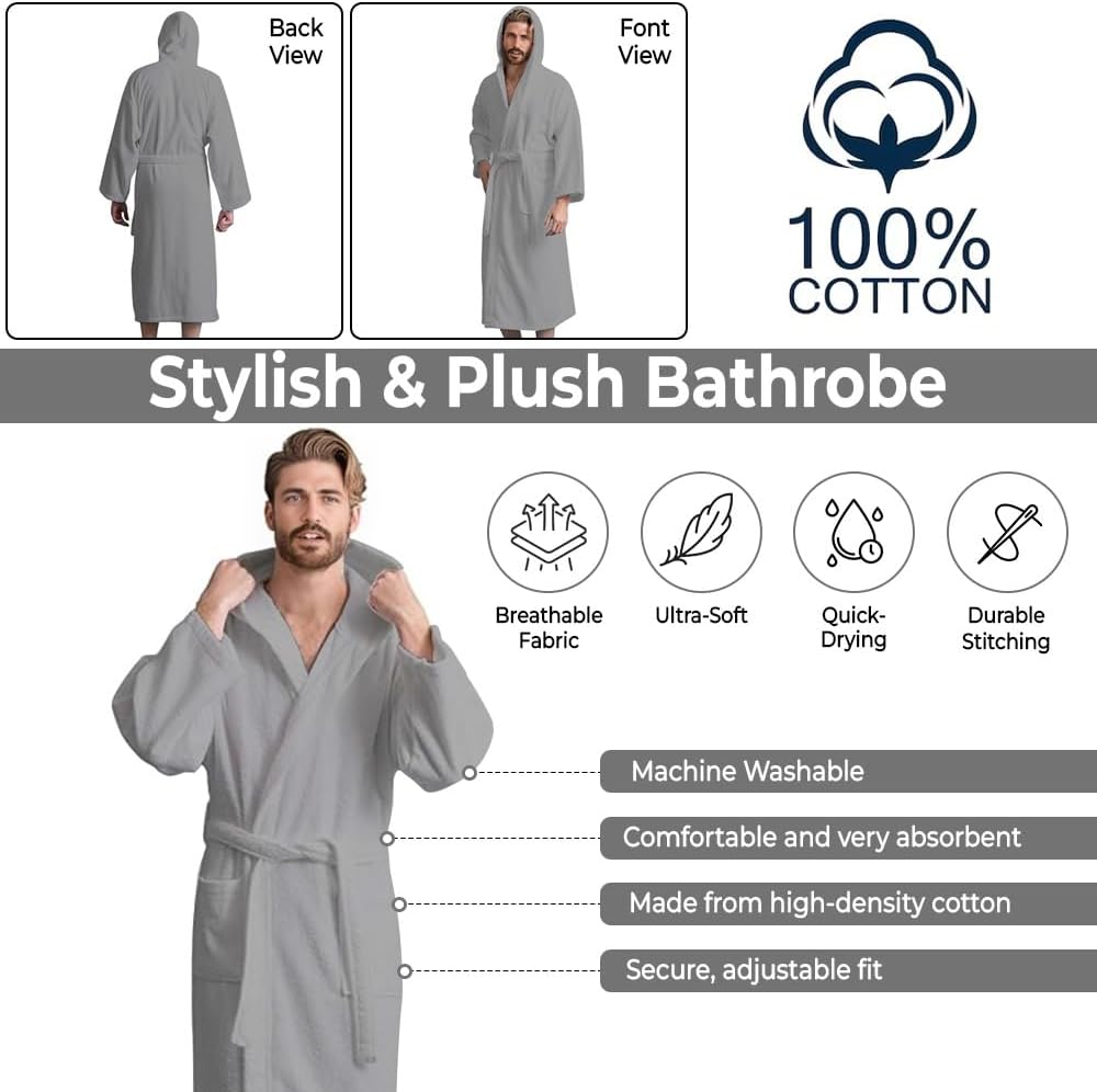 Men’s Hooded Bathrobe, 100% Cotton Terry Bathrobe, Spa Style Bath Robe, Absorbent Shower Robe, Lightweight Towel Bathrobes