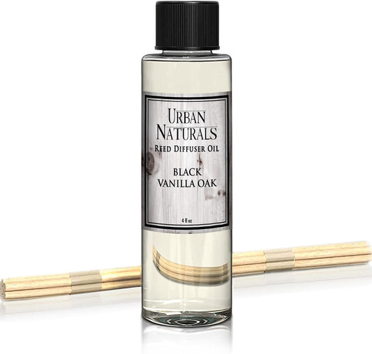 Urban Naturals Black Vanilla Oak Scented Oil Reed Diffuser Refill. Free Set of Reed Sticks, with Warm Vanilla, Oak, Cedar, Patchouli and Musk Scent Notes. A Sensual, Aromatic Home Fragrance, 4 oz