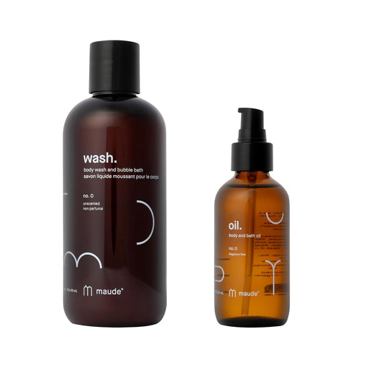 MAUDE Fragrance-Free Bathtime Bundle - pH Balanced Body Wash and Bubble Bath with Omega 3 and Vitamin B3 (12 oz) + Full Body Massage Oil Organic Blend of Jojoba, Coconut, Argan & Castor Oil (4 oz)