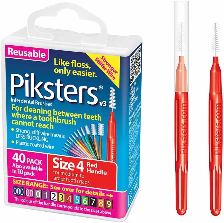 Piksters Interdental Brushes, 40 pk, Size 4, Interdental Tooth Brush for Medium Gaps, Gum Soft Bristles for Plaque Removal, Safe for Braces