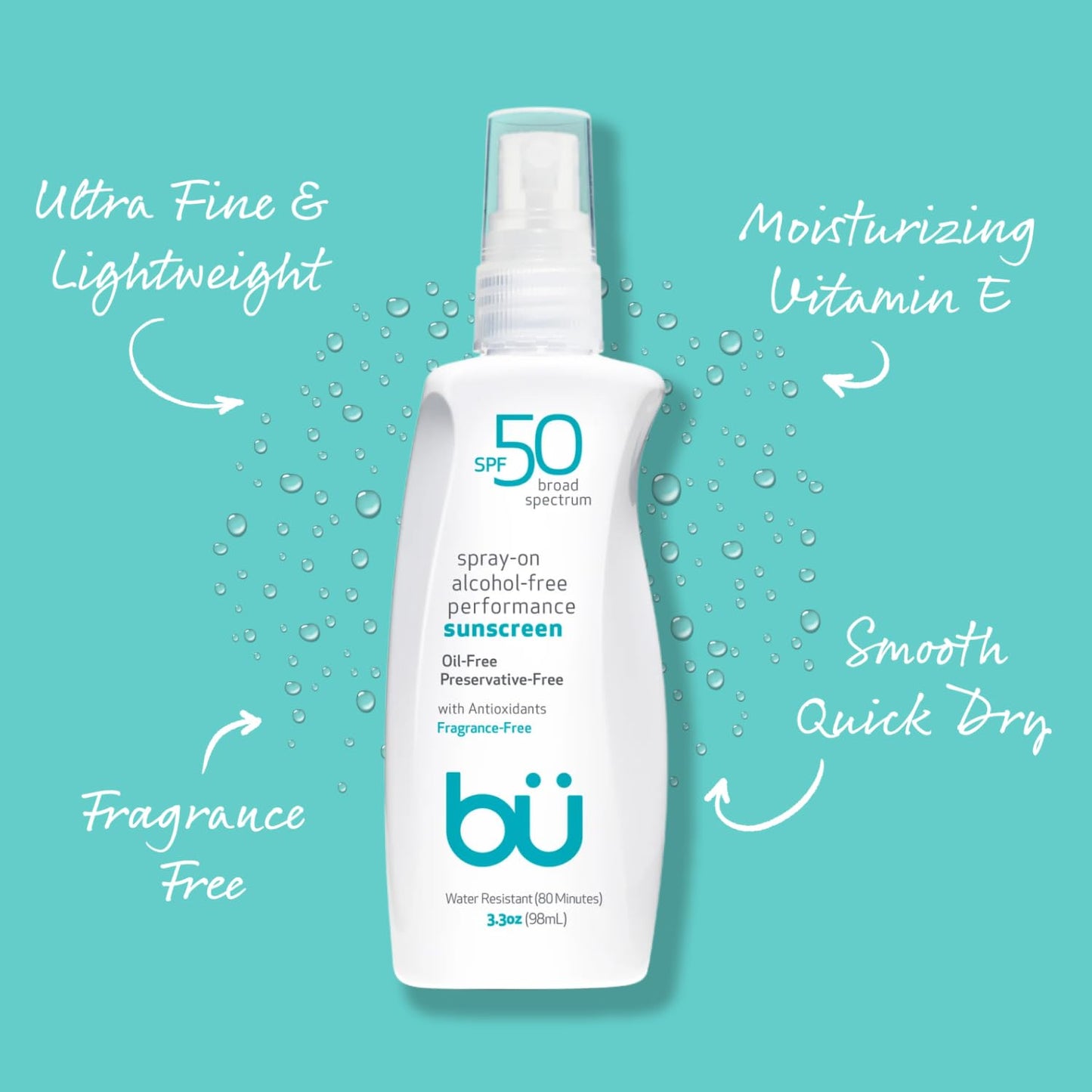 BU SPF 50 Sunscreen Spray for Face and Body, Fragrance Free, Clear, Non Greasy, Water Resistant, for Sensitive Skin, 3.3 oz