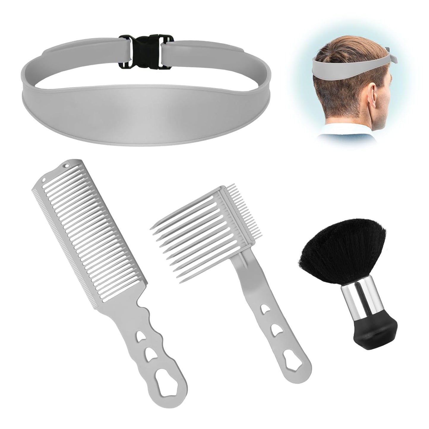 Fade Comb for Men Haircut,4PCS Fade Guide for Men Haircut Kit with Silicone Haircut Band,Barber Comb and Hairdressing Sweeping Brush,Self Hair Cutting Tool for Home DIY(Gray)
