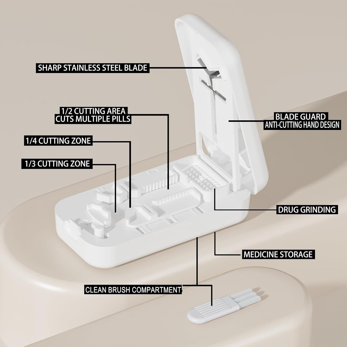 Precision Pill Cutter with Centering Guide - Multi-Angle Tablet Splitter for 1/2, 1/3 & 1/4 Cuts, Includes Pill Crusher & Storage Compartment (White)
