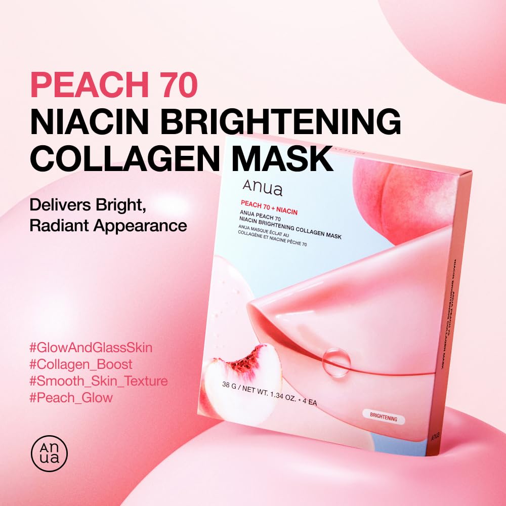 ANUA Peach 70 Niacin Brightening Collagen Mask, Overnight Face Mask for Glass Skin, Niacinamide, Collagen Facial Mask, Glow up with Hydration, Natural Color, Korean Skin Care (38g, 4ea)