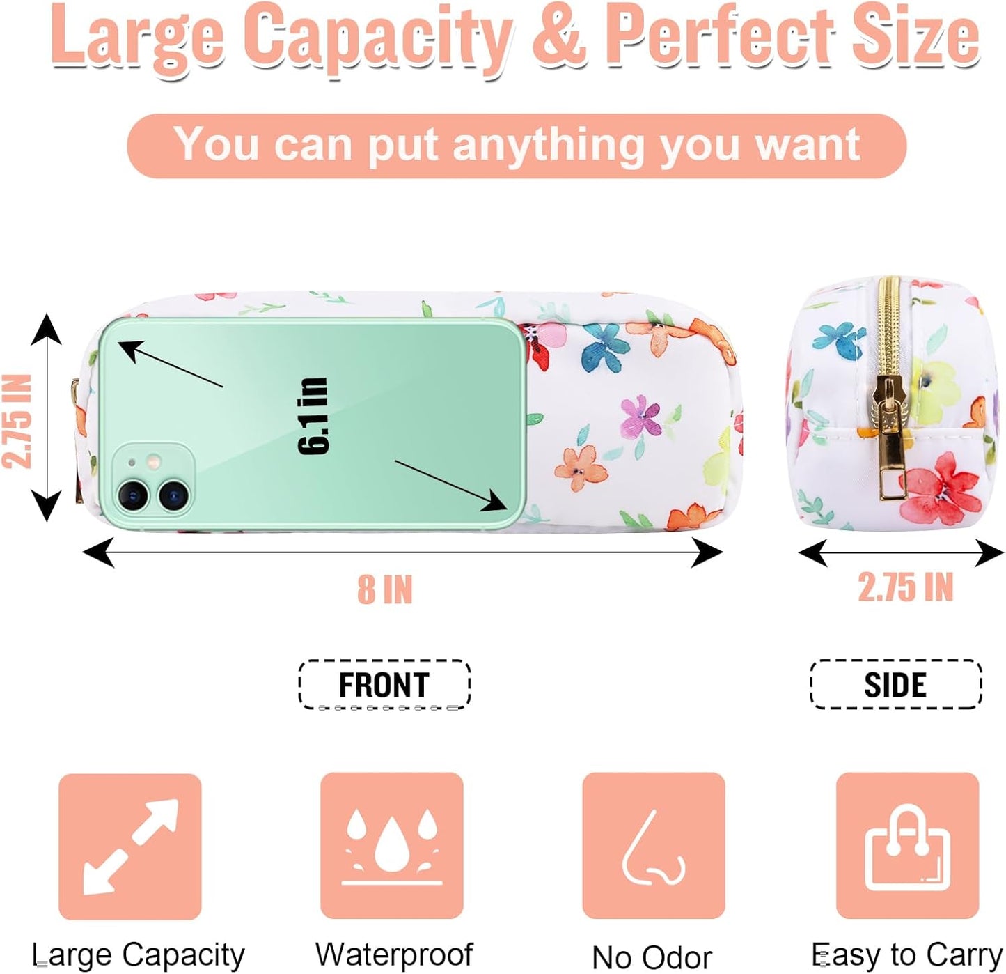 Nylon Small Floral Makeup Bag Slim Pouch, Preppy Cute Makeup Brush Case Bag Cosmetic Zipper Pouch for Purse, Waterproof Travel Toiletry Bag Coin Pouch Make Up Organizer for Women Girls(White-Flower)