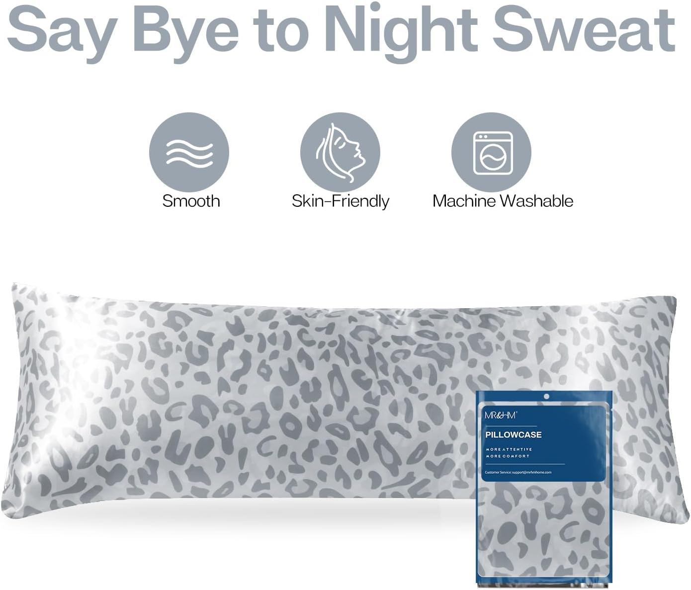 MR&HM Satin Body Pillow Cover, Soft and Breathable Body Pillow Case with Envelope Closure, Cooling and Silky Long Pillowcase for Hair and Skin,Grey (20x54, Silver Leopard)