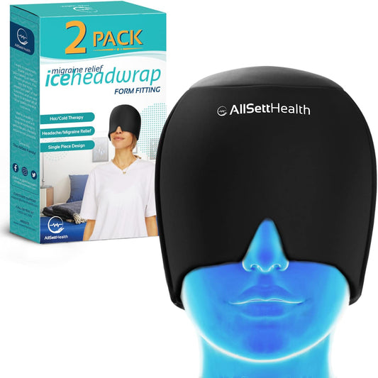 2 Pack - Migraine Relief Cap Ice Head Wrap and Hat | Hot/Cold Gel Pack with Face and Eye Mask Compress for Headache Relief - Black 2 Pack