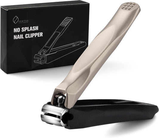 FERYES 3-in-1 Fingernail Clipper with No-Splash Nail Catcher and Metal Storage Box - Toenail Clipper with Nail File for Men & Women - Champagne