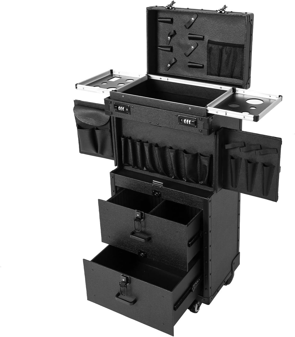 Lockable Makeup Train Case,44.09 lbs Rolling Hairdressing Trolley,Cosmetology Case on Wheels,Beauty Salon Cosmetic Luggage with Universal Wheels for Hair Stylist,Make-up Artists(Black)