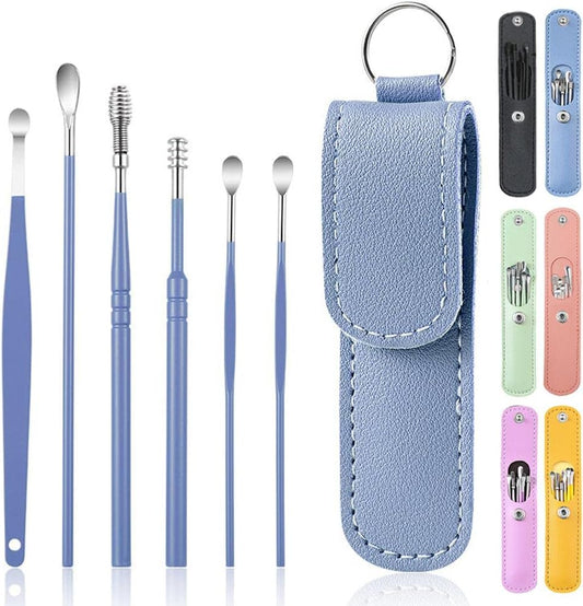 6 Pcs Ear Pick Ear Wax Removal Kit, Ear Cleansing Tool Set, Ear Curette Cleaner, 360° Spiral Design Ear Canal Cleaner Stainless Steel, with a Storage Box Portable Kit for Home and Travel(Blue)